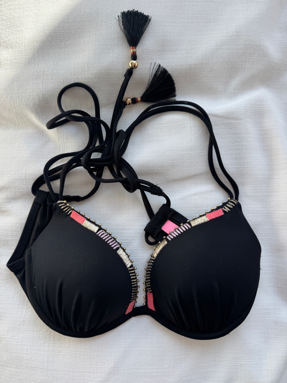 NEW Victoria’s Secret Black Women's Embellished Push-Up Bikini Top 32B